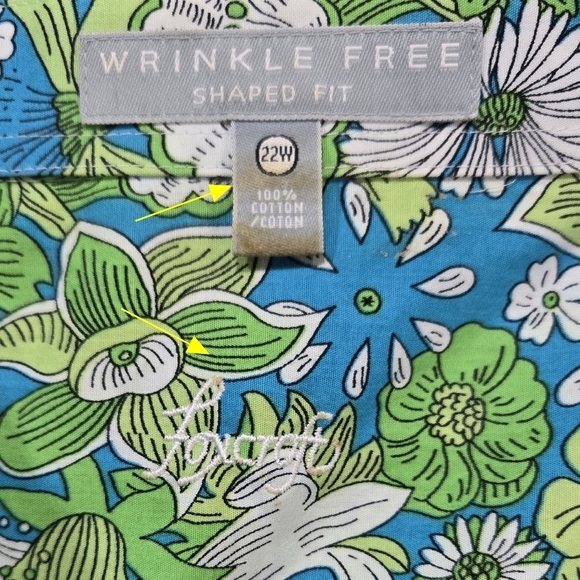 Foxcroft 100% Cotton Wrinkle Free Shaped Fit Blue Green Floral Button-Up Shirt - Picture 7 of 8